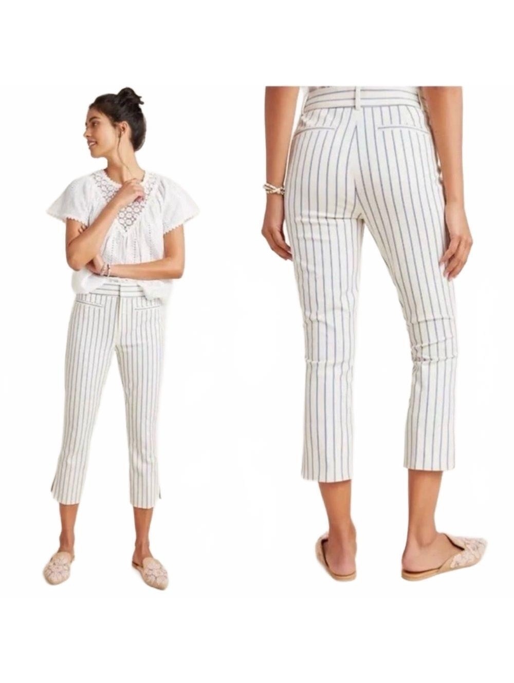 Anthropologie Essential Slim Crop Trouser Capri Cream ivory lavender stripes 10